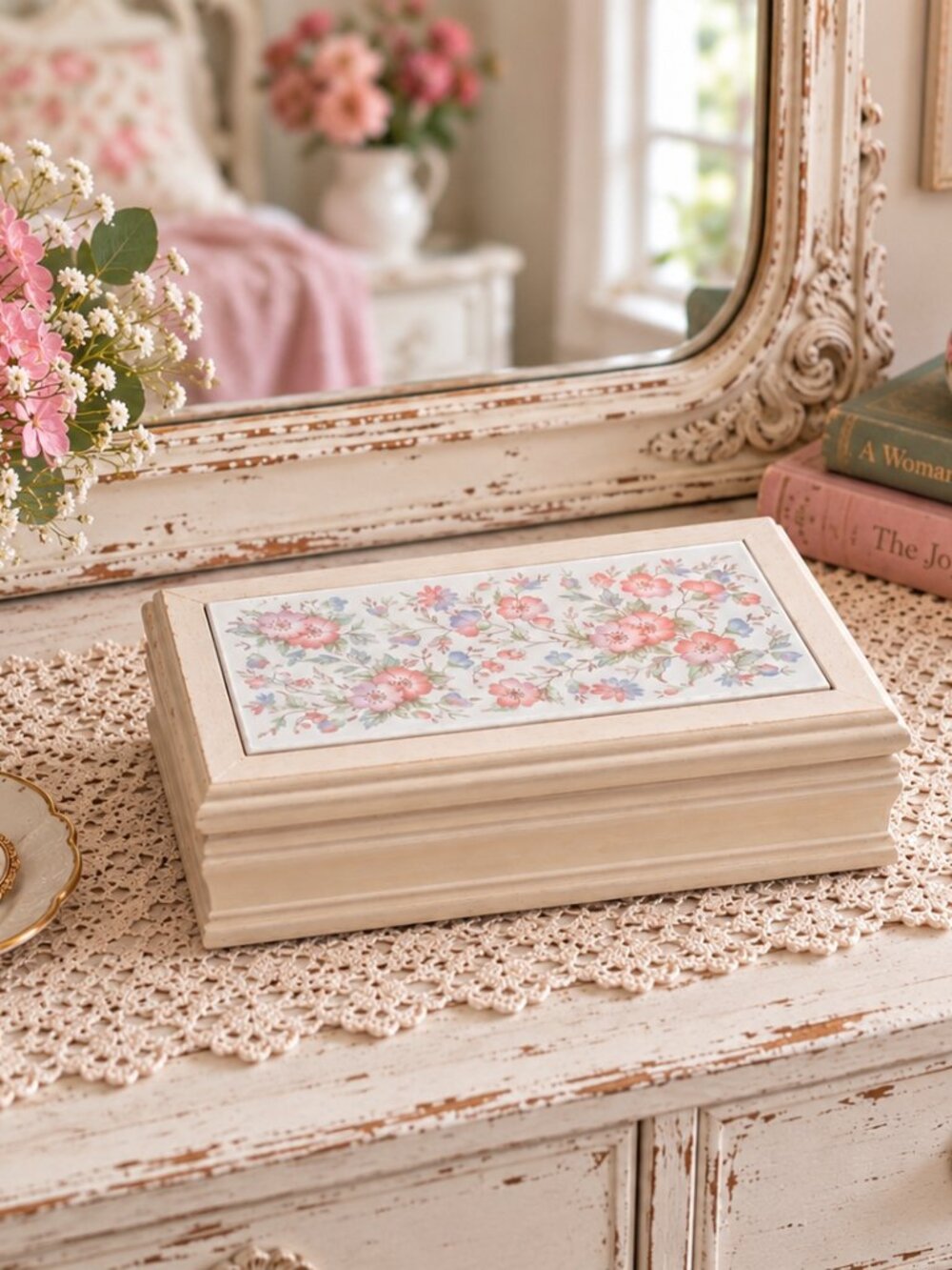 Vintage Shabby Chic Wooden Jewelry Box with Floral Tile Inset – 9.5